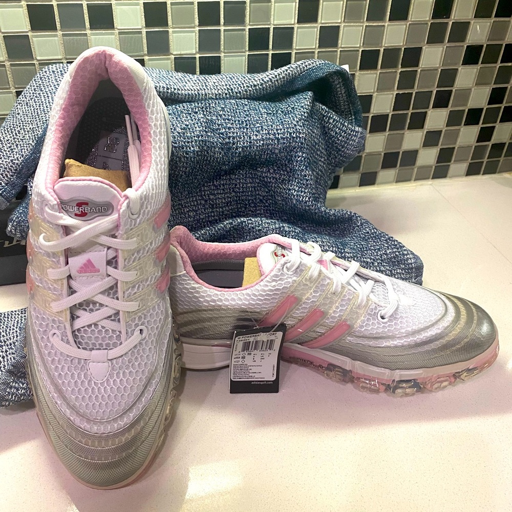 Womens Adidas Powerband Pink and White Golf Shoes, Sz 8